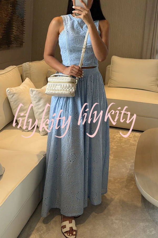 Kaya Embroidery Hollow Lace Back Smocked Tank and Elastic Waist A-line Maxi Skirt Set
