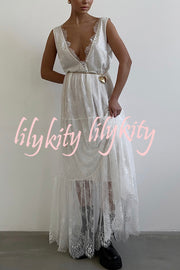 Fashionable Sheer Lace V-neck Backless Elegant Maxi Dress