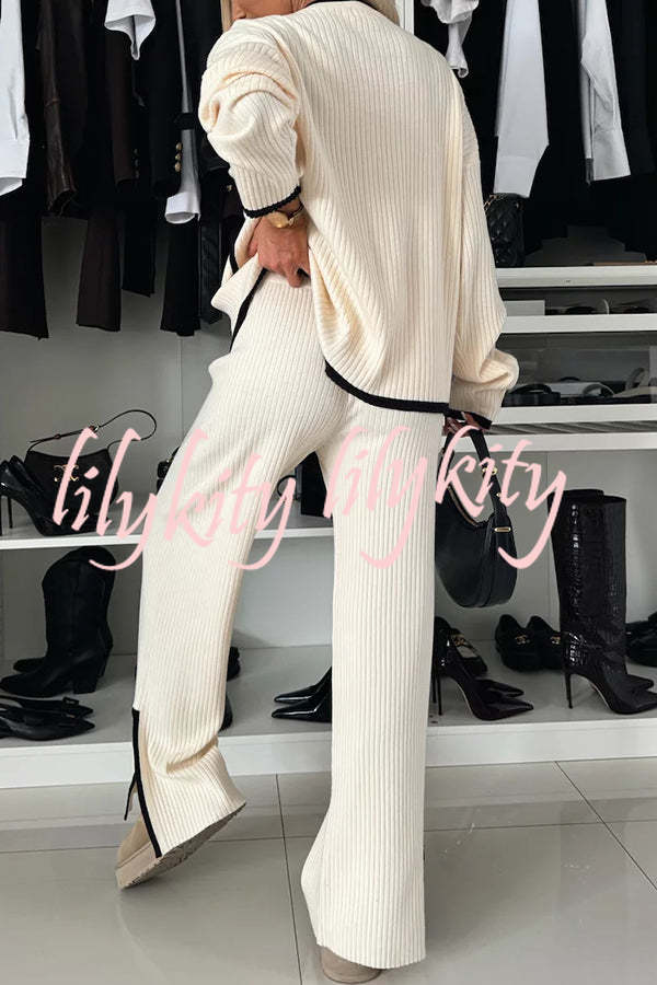 Warm Embrace Knit Ribbed Colorblock Trim Pocket Top and Stretch Slit Pants Set