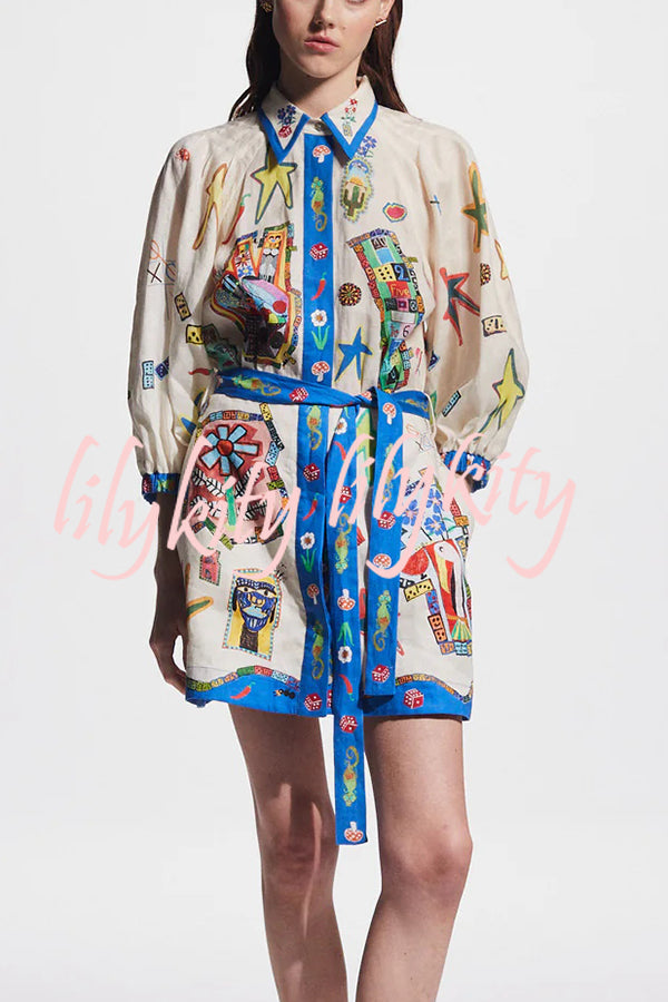 Linen Blend Unique Printed Balloon Sleeve Pocket Tie Waist Mini Dress