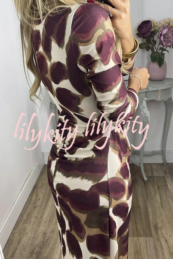 Kiele Unique Print Turtleneck Twist Detail Long Sleeve Stretch Midi Dress