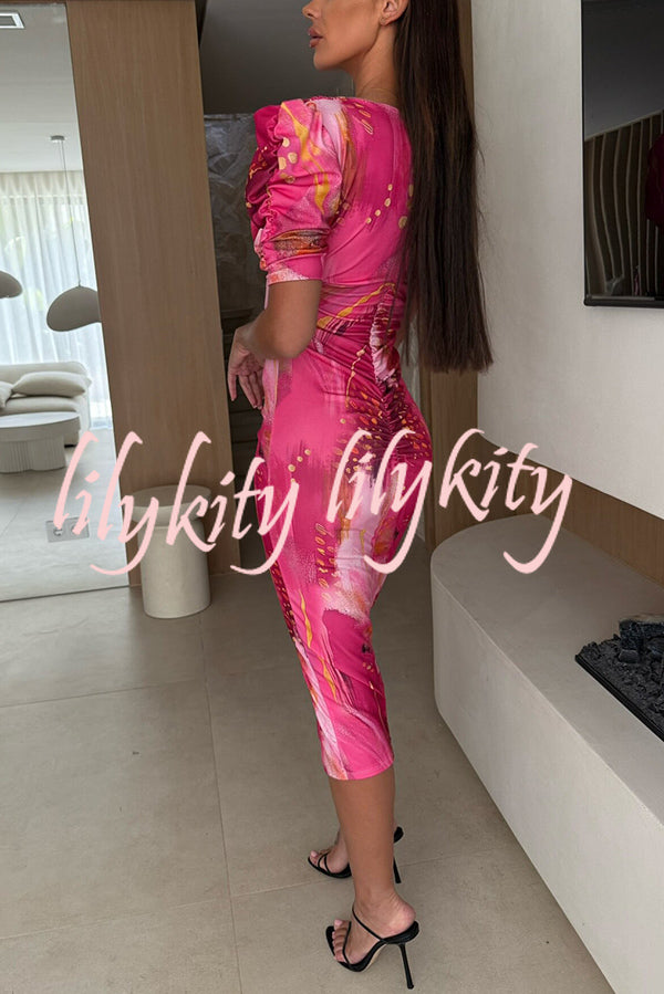 Unique Print V-Neck Puff Sleeve Slit Slim Midi Dress