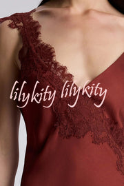 Sexy Lace Stitching Suspender V-neck Asymmetrical Maxi Dress