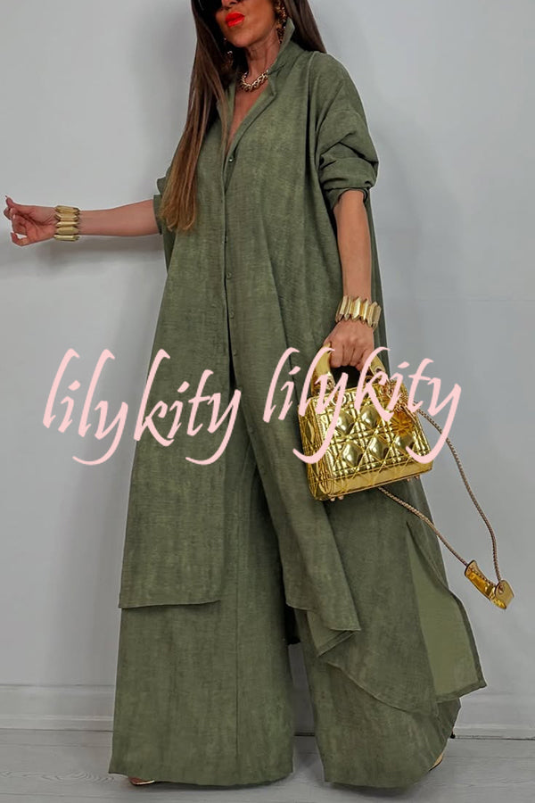 Solid Color Casual Loose Long Shirt and Elastic Waist Pocket Wide Leg Pants Set