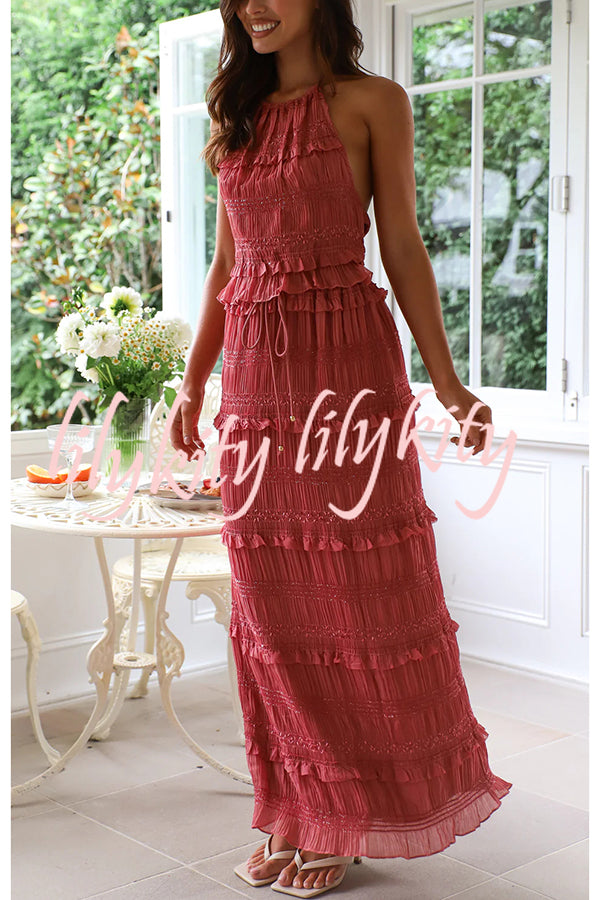 Feel Chic and Romantic Sequin Textured Material Drawstring Waist Tiered Maxi Skirt