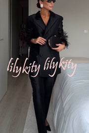 Chic Affair Satin Feather Trim Lapel Loose Blazer and High Rise Pocket Tapered Pants Set