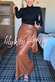 Snappy Casual Slay Faux Leather High Rise Wrap Tie-up Stretch Maxi Skirt