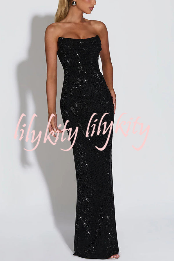 Mirabella Sequin Pleated Cowl Scooped Neckline Back Lace-up Strapless Maxi Dress