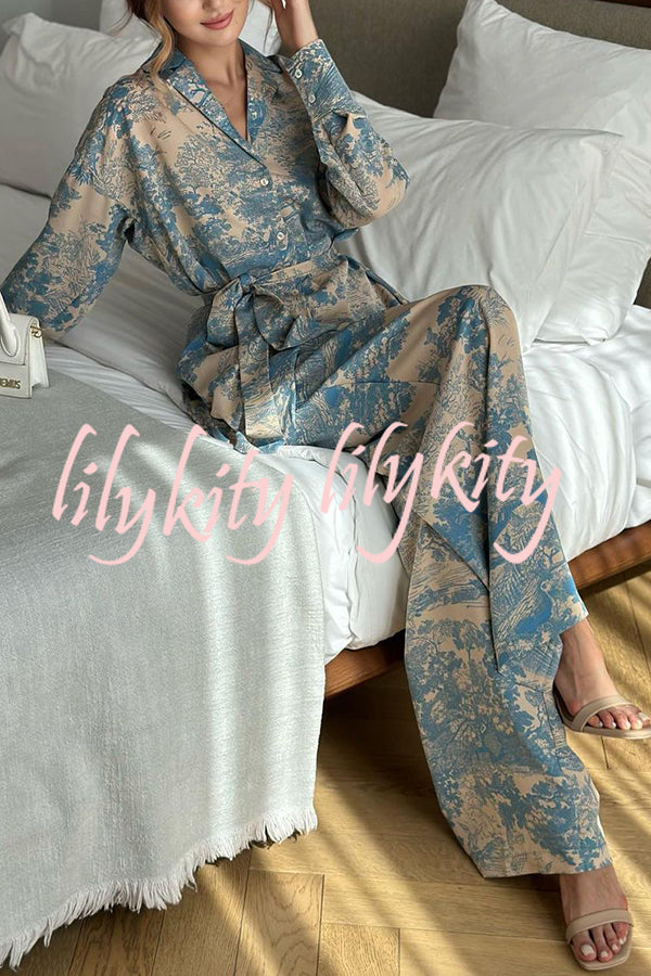 Unique Print Long-sleeved Tie Shirt and Elastic High-waist Wide-leg Pants Set