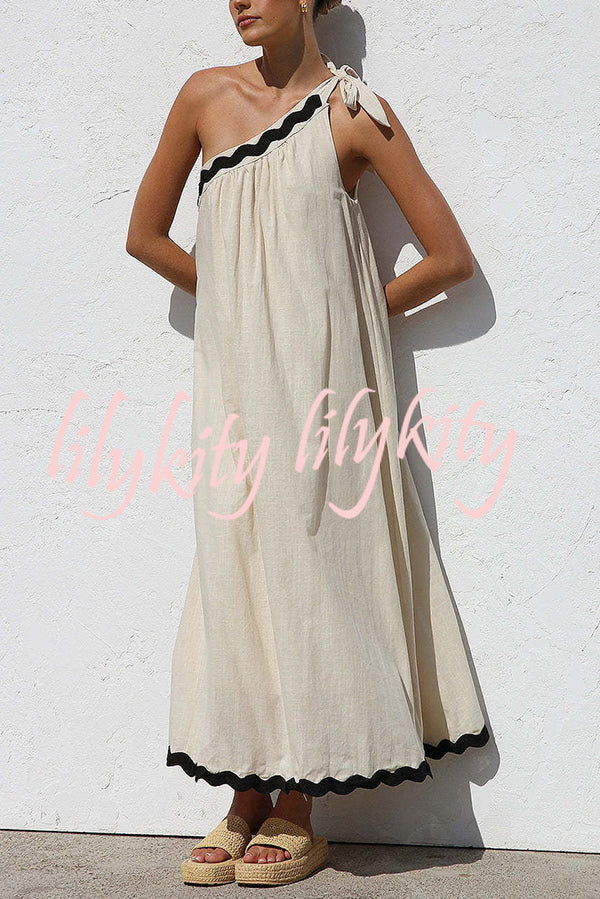 Linen Blend One Shoulder Tie Resort Maxi Dress