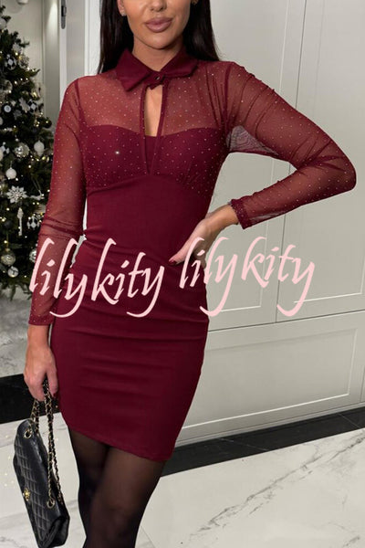 Sexy Energy Mesh Glitter Fabric Cutout Shirt Neck Long Sleeve Stretch Mini Dress