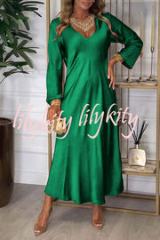 Solid Color V-neck Long-sleeved Loose Draped Maxi Dress