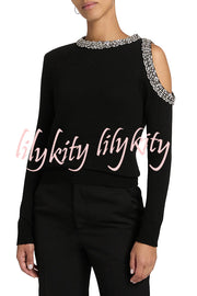 Holiday Party Knit Crystal-Embellished Cut-out Shoulder Long Sleeve Top
