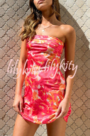 Dreamworld Satin Floral Print Sexy Strapless Backless Mini Dress