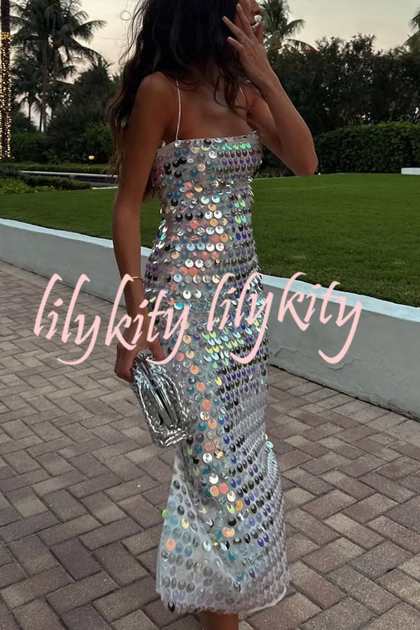 Sexy Sequined Halter-neck Backless Slim Fit Slit Midi Dress