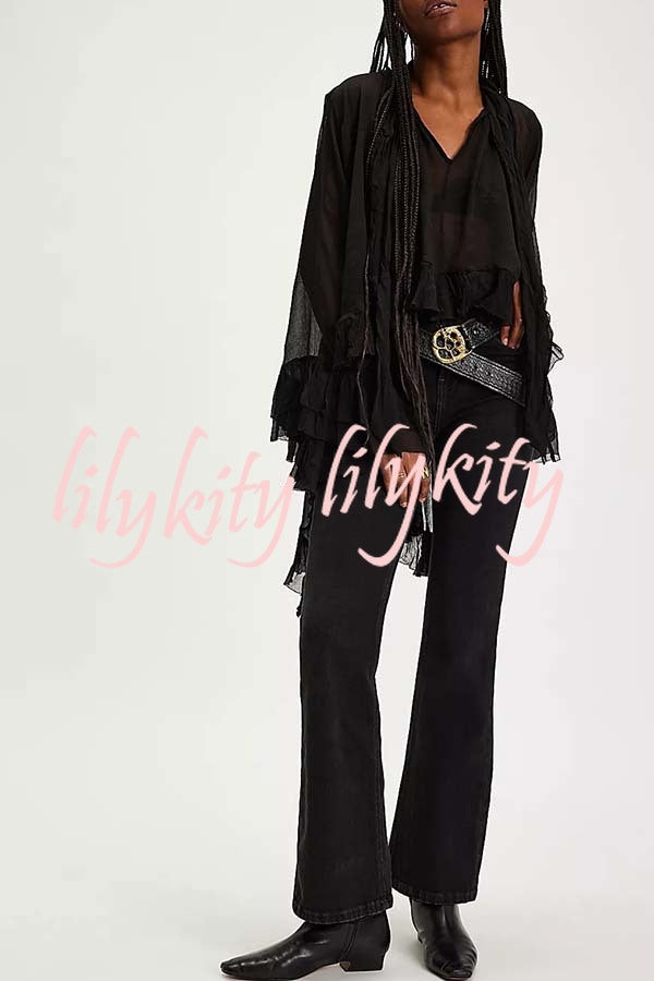 Flowy See-through Ruffle Tie-up Neck Bell Sleeve High-low Hem Cape Shirt