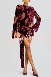 Night Out Velvet Paisley Print Long Sleeve Tie-up Tassel Loose Mini Dress
