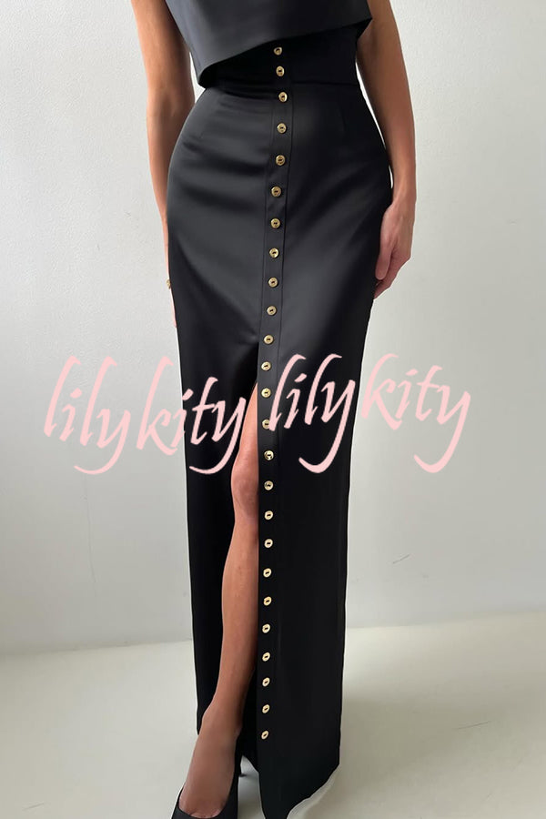 Solid Color Casual Sleeveless Crop Top and Elegant Button-down Maxi Skirt Set
