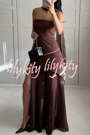 Monaco Off Shoulder Structured Top Chiffon Slit Hem Scarf Maxi Dress