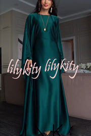 Dignified and Elegant Satin Batwing Sleeve with Waist Tie Design A-line Maxi Dress