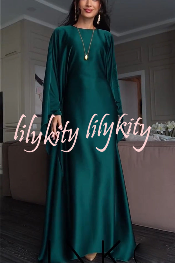 Dignified and Elegant Satin Batwing Sleeve with Waist Tie Design A-line Maxi Dress