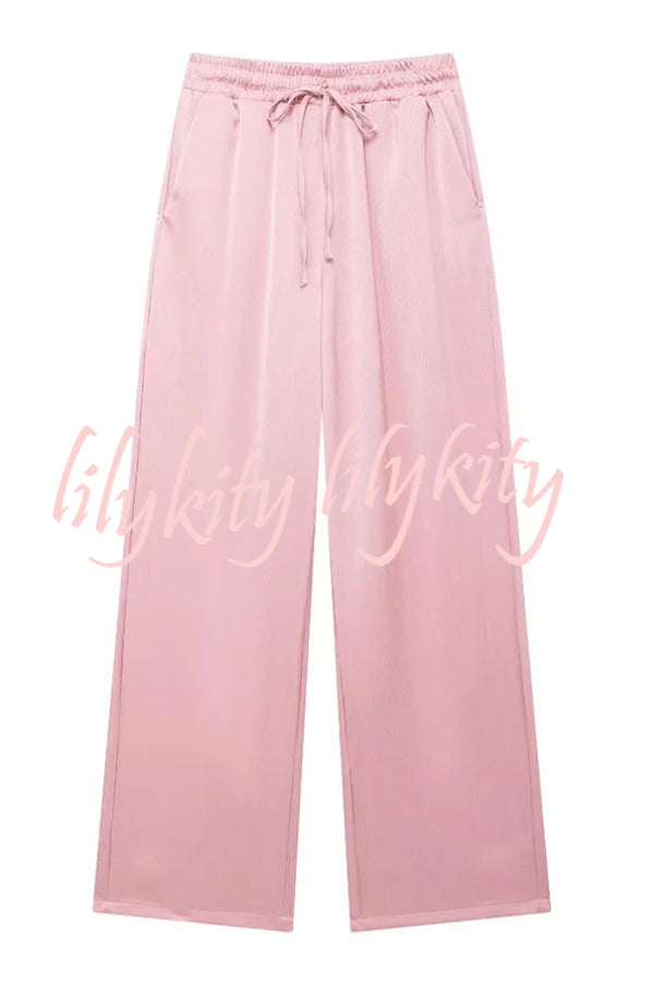 Fashionable Pleated Elastic Waist Tie Casual Pocket Wide-leg Pants