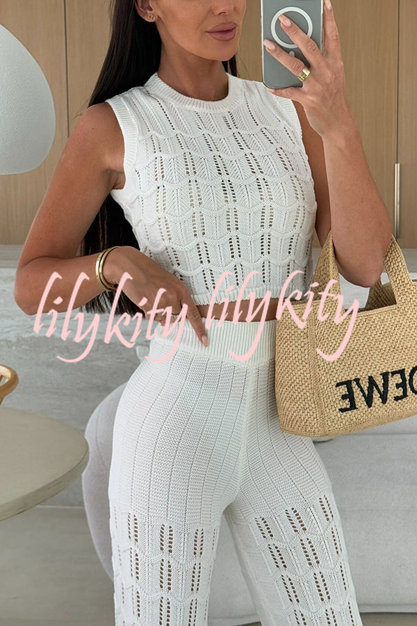 Solid Color Hollow Sleeveless Round Neck Knitted Vest and Stretch Casual Straight Pants Set