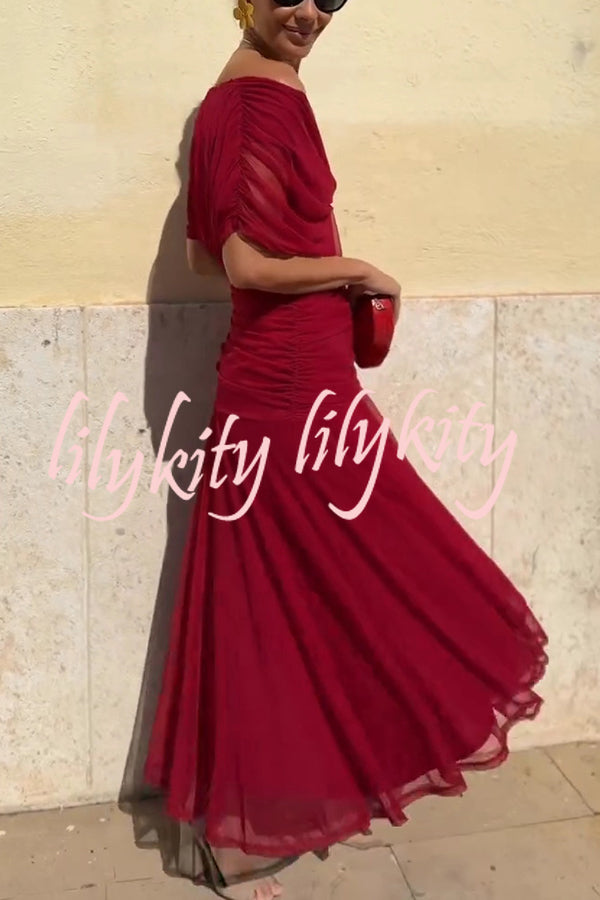 Unique Printed V-Neck Waisted Mesh Holiday Maxi Dress
