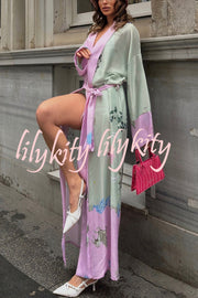 Karty Satin Unique Print Long Sleeve Belt Lapel Kimono Cover-ups