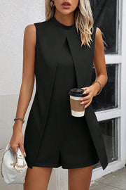 Solid Color Stand Collar Sleeveless Fake Two-piece Casual Rompers