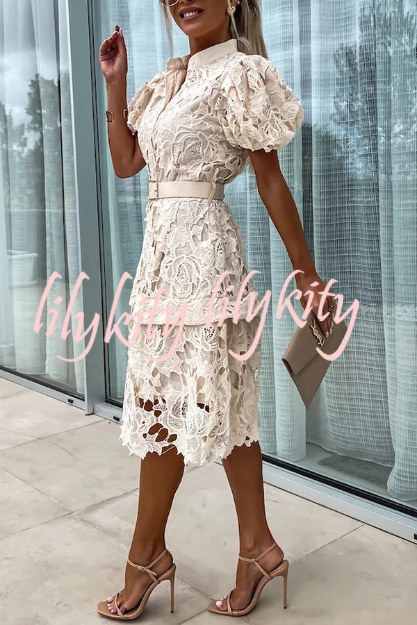 Absolutely Elegant Floral Crochet Lace Puff Sleeve Belted Shirt Midi Dress