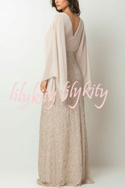 Aleina Chiffon Batwing Sleeve Flower Embroidered Waist Sequin Fabric Maxi Dress