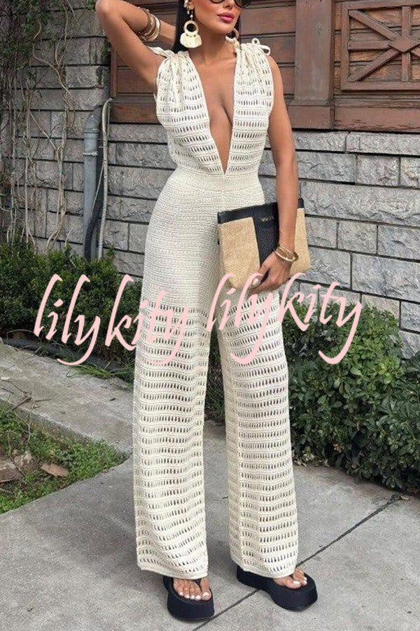 Solid Color Knitted V-neck Holiday Hollow Casual Jumpsuit