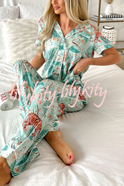 Sleeping Tiger Satin Elastic Waist Pocketed Pajama Pants Set