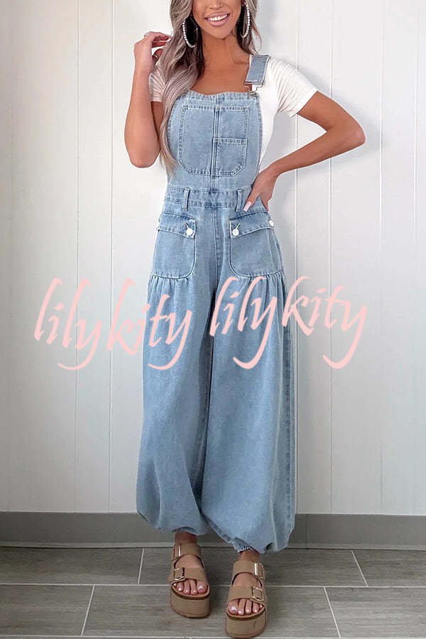 Fashion Casual Pocket Loose Wide-leg Adjustable Leg Cuffs Denim Overalls