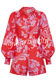 Linen Blend Botanical Print Lapel Puff Sleeve Loose Tie Casual Rompers