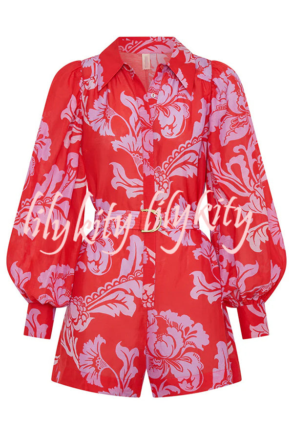 Linen Blend Botanical Print Lapel Puff Sleeve Loose Tie Casual Rompers