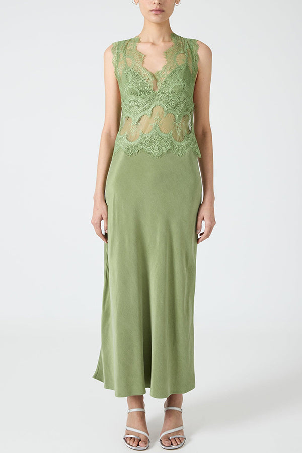 Wonderful Fusion Satin Lace Trim See-through Waist V-neck Drape Maxi Dress