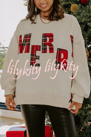 Merry Plaid Embroidered Bow Long-Sleeve Loose Sweatshirt