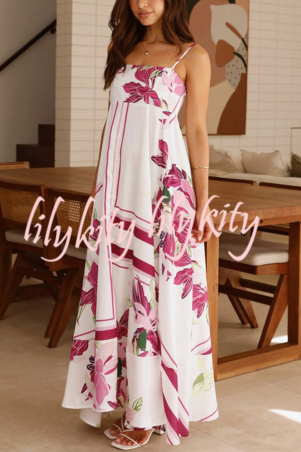 Botanical Print Halter Square Neck Pleated Loose Maxi Dress