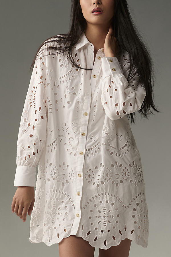 Solid Color Hollow Embroidery Casual Long Sleeve Loose Shirt