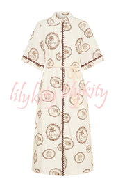 Resort Style Print Lapel Short Sleeves Casual Pocket Waist Tie Loose Midi Dress