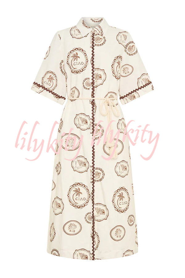 Resort Style Print Lapel Short Sleeves Casual Pocket Waist Tie Loose Midi Dress