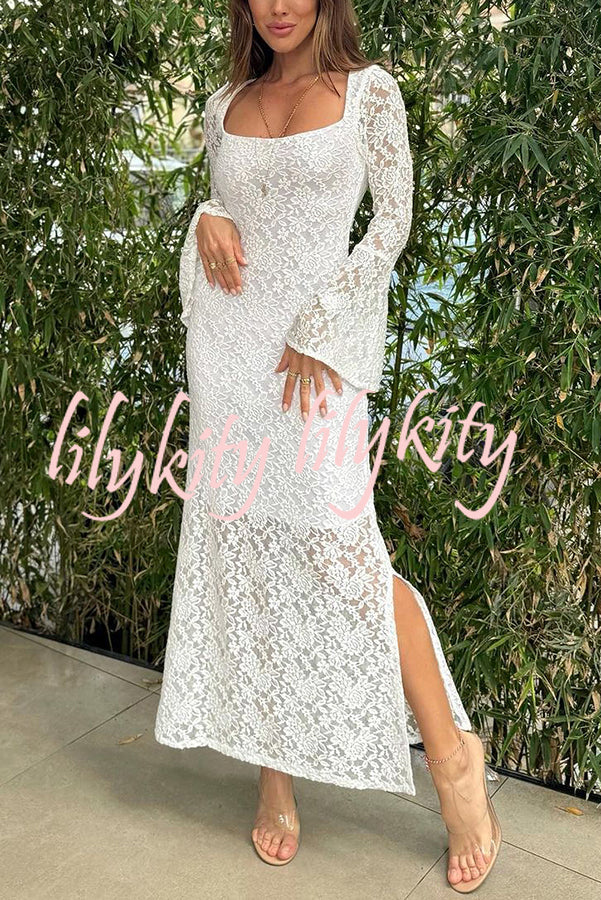 Luxe Lifestyle Lace Square Neck Bell Sleeve Lined Slit Midi Dress