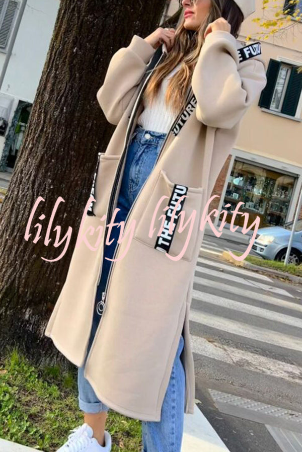 Fashionable and Casual Hooded Zipper Pocket Loose Long Coat