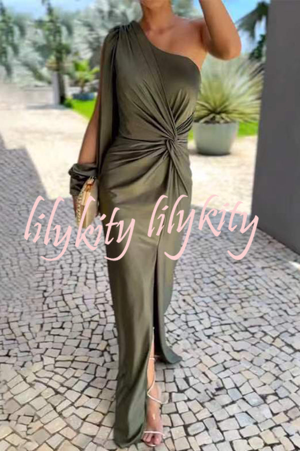 Country Party Charm Satin One Shoulder Twist Detail Slit Maxi Dress