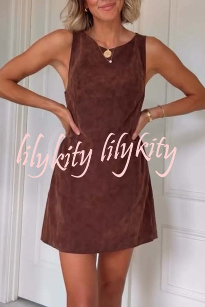 Atlas Faux Suede Open Back Button Accents Zipper Mini Dress