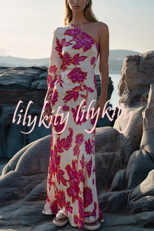 Rhia Satin Floral Print One Shoulder Flared Maxi Dress