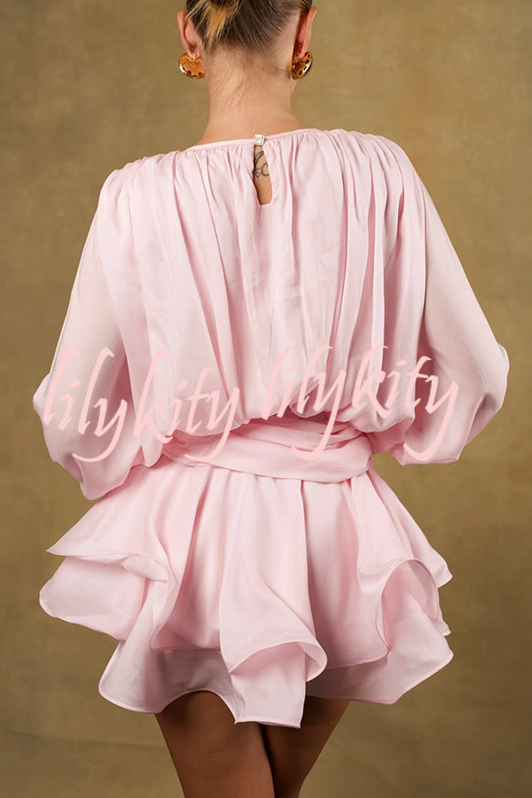 Solid Color Long Sleeve V-Neck Lace-Up Elegant Flower Decorated Mini Dress