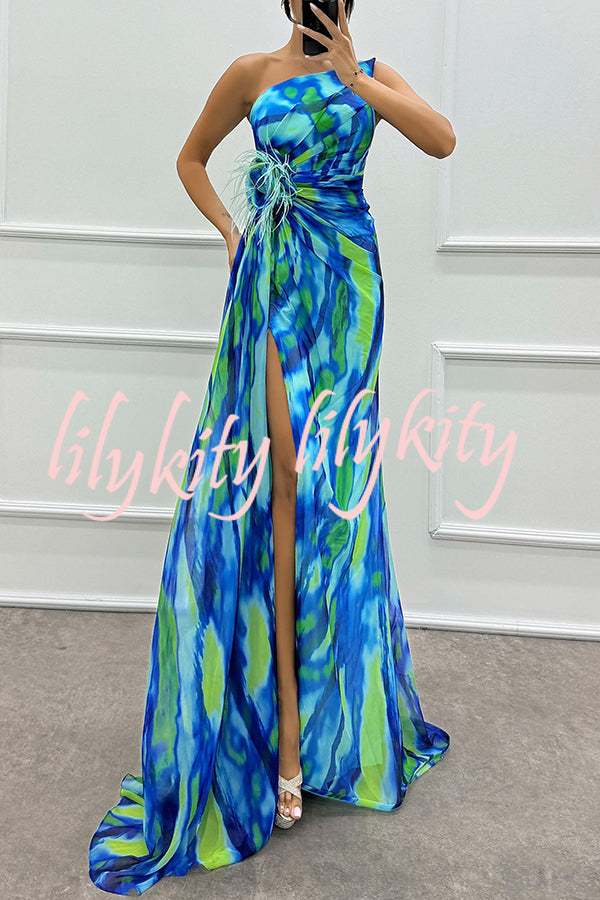 Amazing Views Watercolor Print Feather Rose Detail Off Shoulder Pleated Slit Maxi Dress